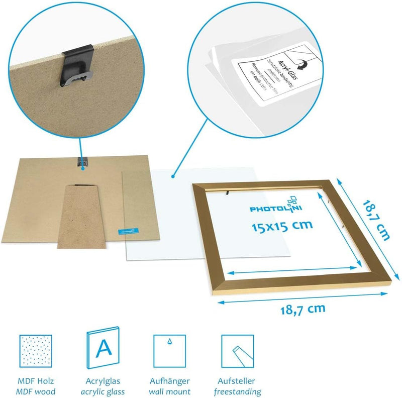 PHOTOLINI Bilderrahmen 15x15 cm Gold MDF-Holz, breite Rahmen, 3er Set, modern, bruchsicheres Acrylgl