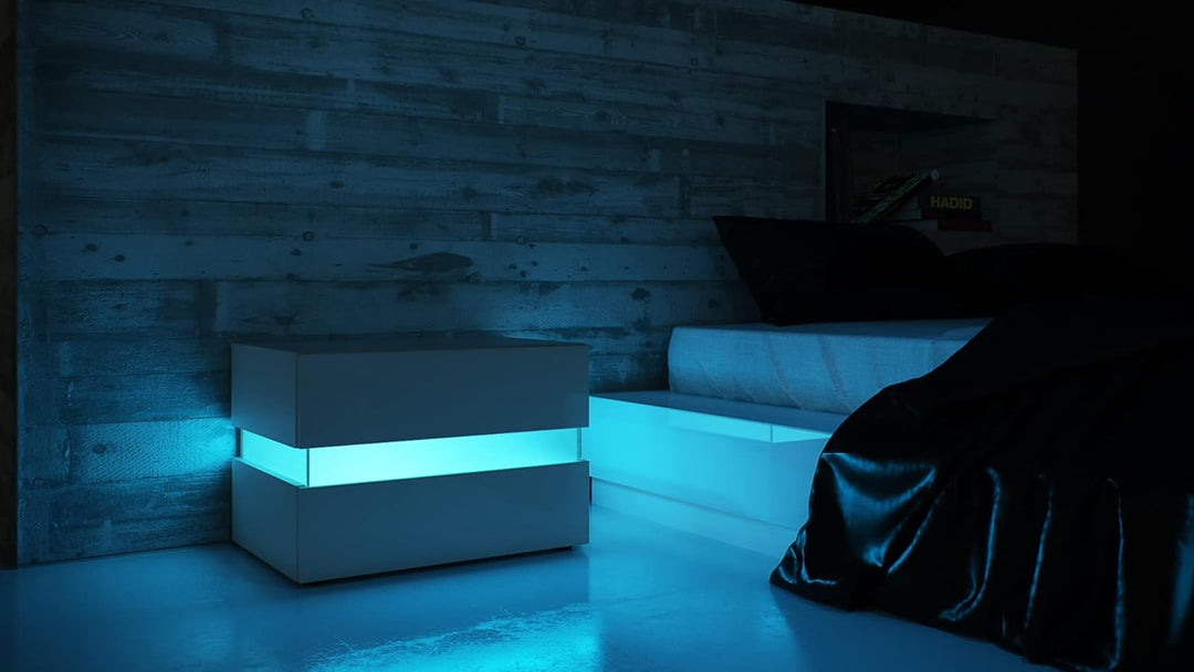 Vladon Nachttisch Flow, Nachttischschrank mit Schublade, Weiss Hochglanz/Weiss Hochglanz (60 x 45 x