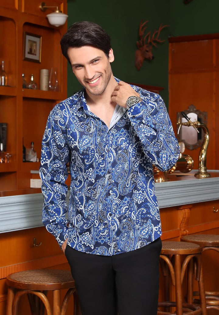 HISDERN Herren Paisley Hemd Langarm Satin Blumen Muster Hemd für Männer Jacquard Stickerei Freizeith
