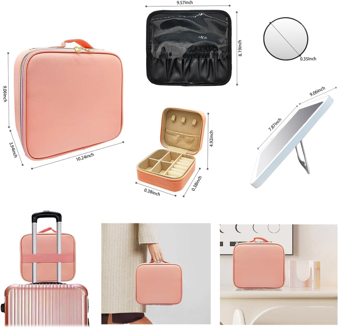 Make up Tasche mit Spiegel，Travel Makeup Bag mit 1/10x Spiegel und 3 Farbe Licht，Make up Organizer T