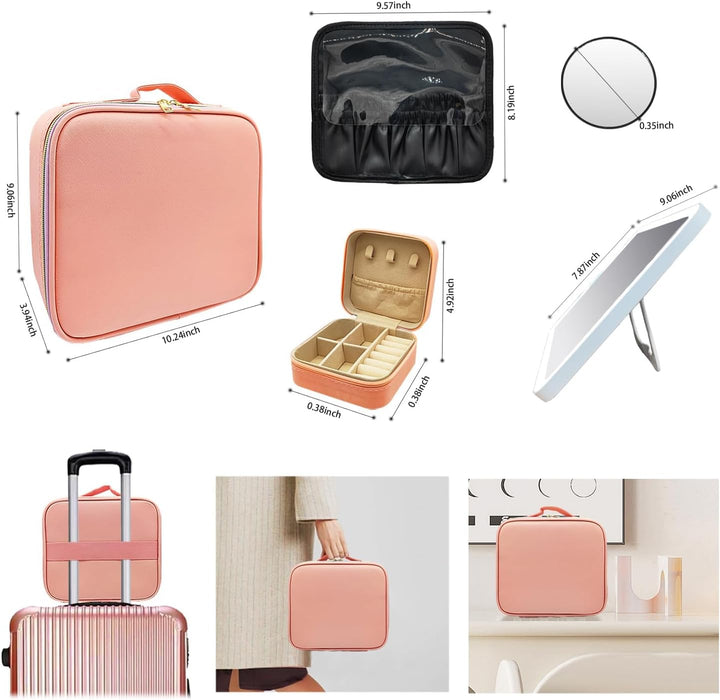 Make up Tasche mit Spiegel，Travel Makeup Bag mit 1/10x Spiegel und 3 Farbe Licht，Make up Organizer T