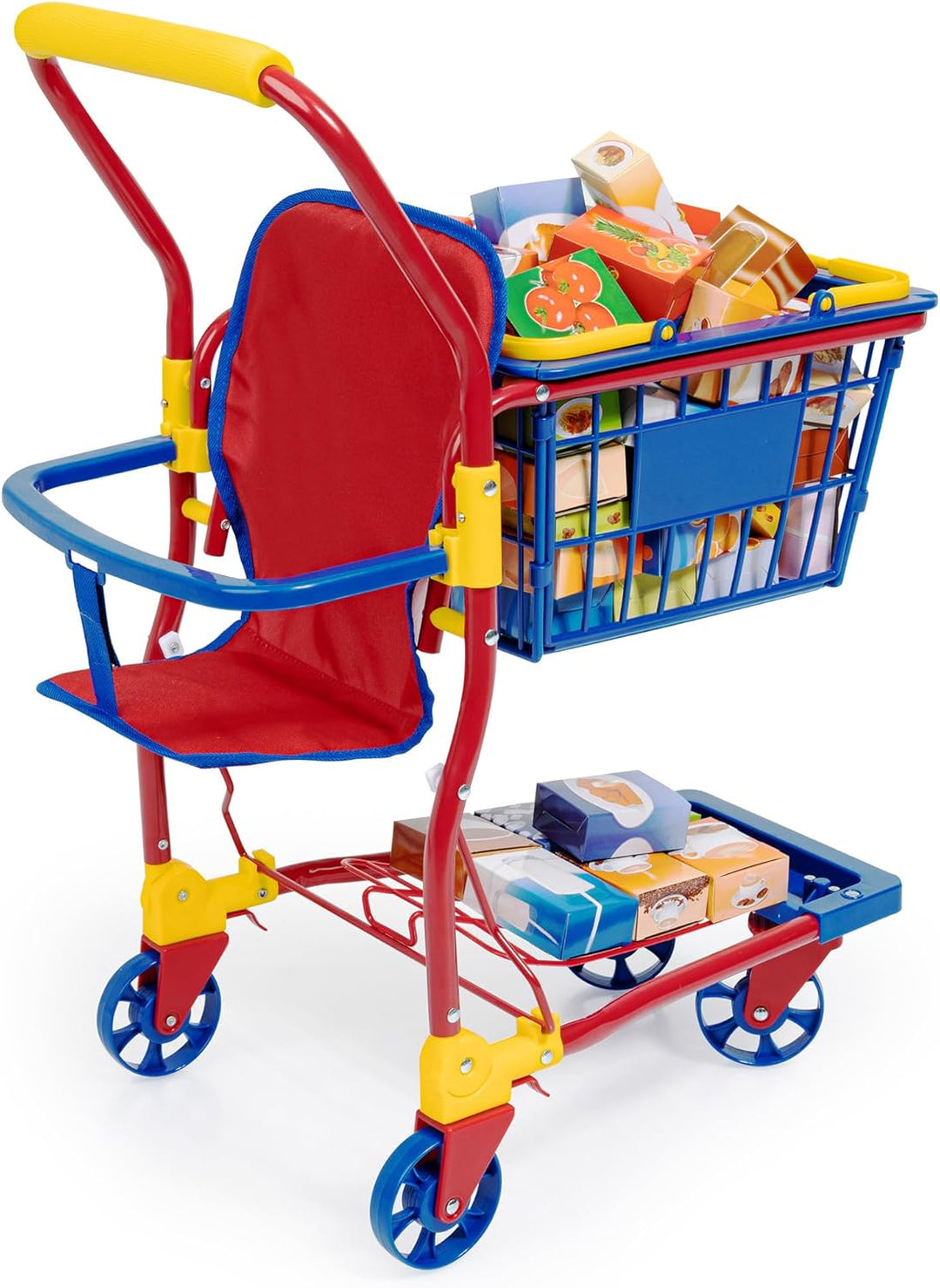 Bayer Design 75003AA Einkaufswagen Supermarkt Kinder, mit Spiellebensmittelkartons, bunt, aus Metall
