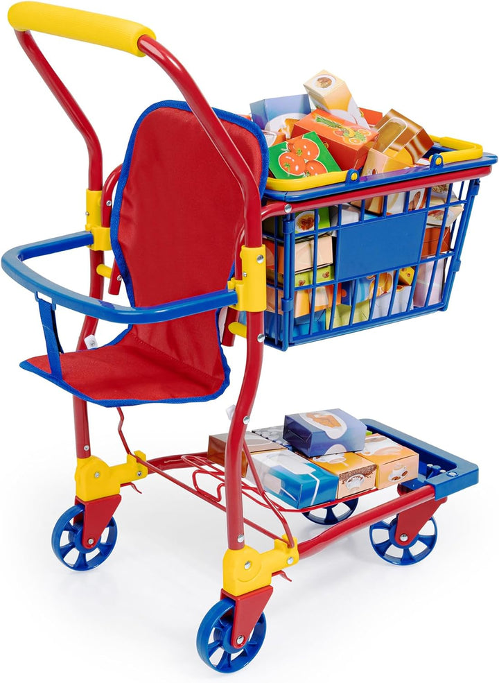 Bayer Design 75003AA Einkaufswagen Supermarkt Kinder, mit Spiellebensmittelkartons, bunt, aus Metall
