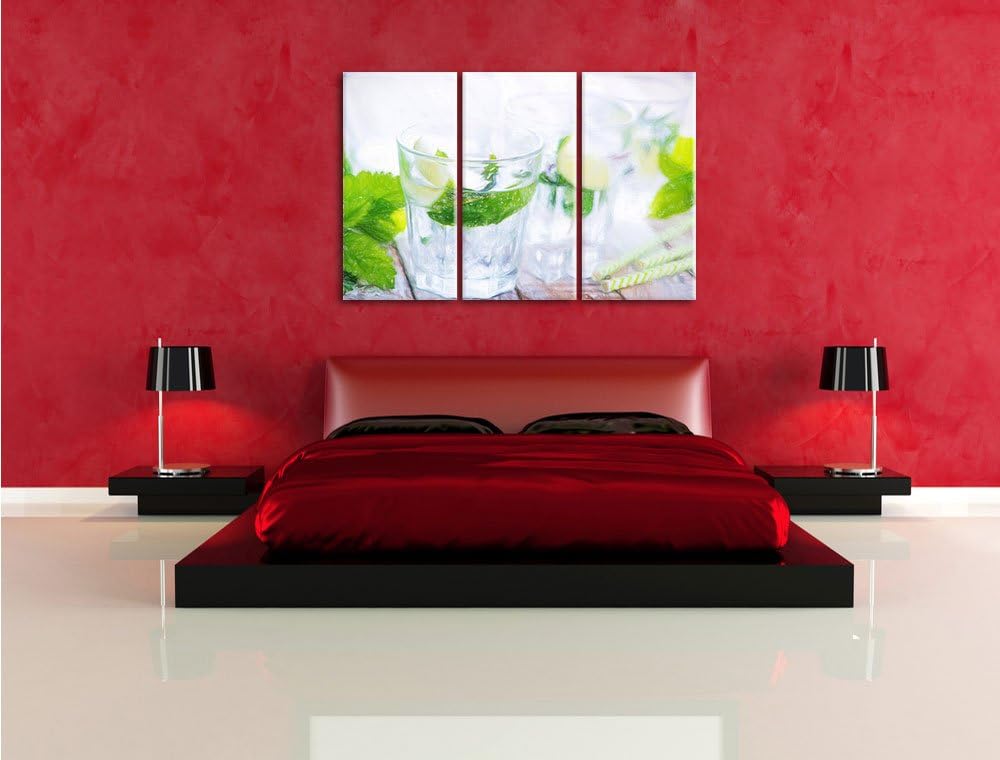 Pixxprint Mojito-Gläser mit Minze / 3-Teilig/Gesamtmass 120cm Leinwandbild bespannt auf Holzrahmen/W