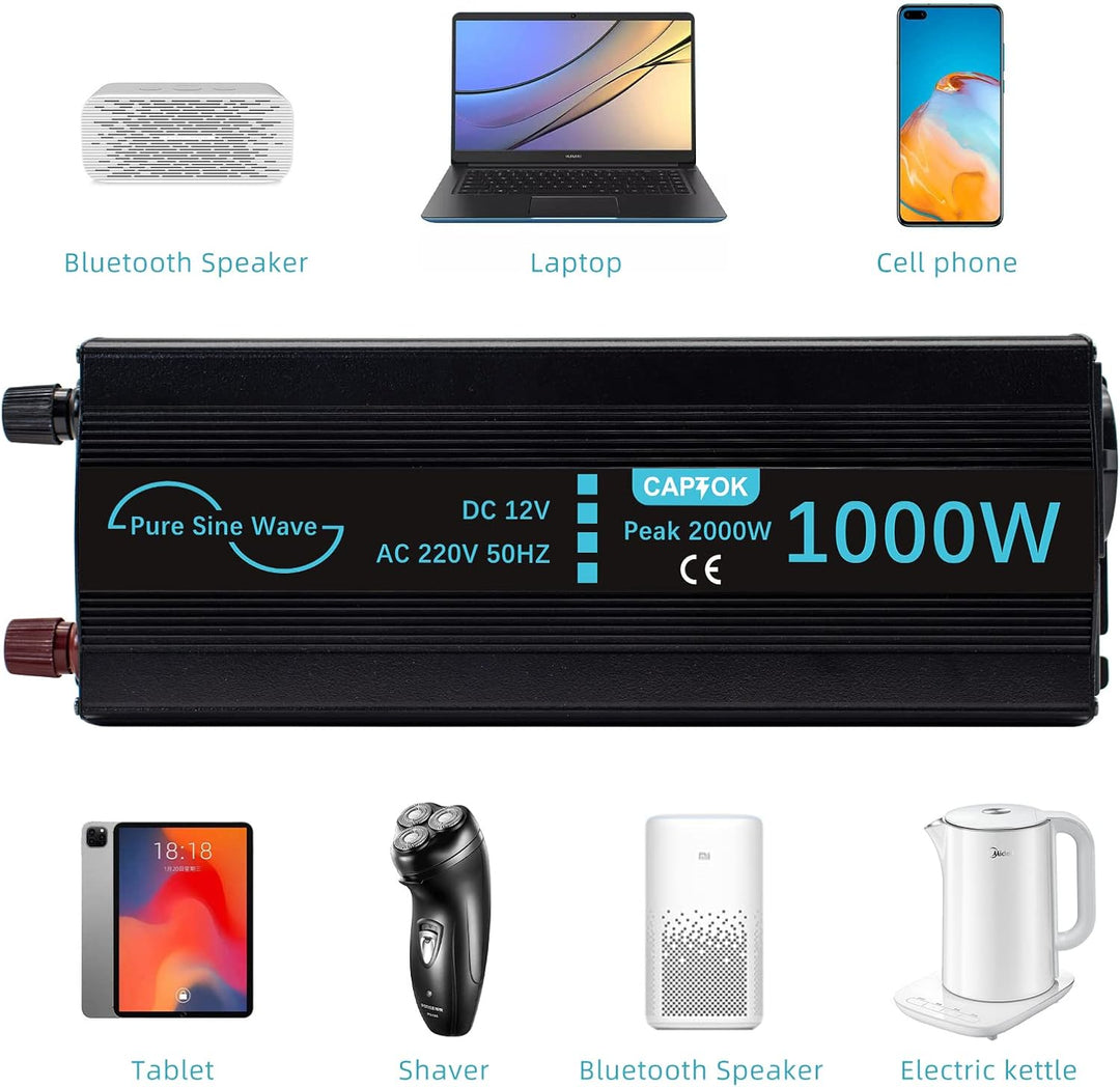 CAPTOK Spannungswandler 1000W/2000W Reiner Sinus KFZ Wechselrichter DC 12V auf AC 230V EU-Steckdose
