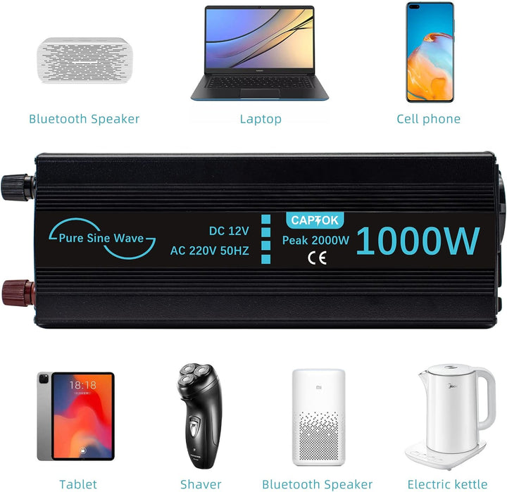 CAPTOK Spannungswandler 1000W/2000W Reiner Sinus KFZ Wechselrichter DC 12V auf AC 230V EU-Steckdose