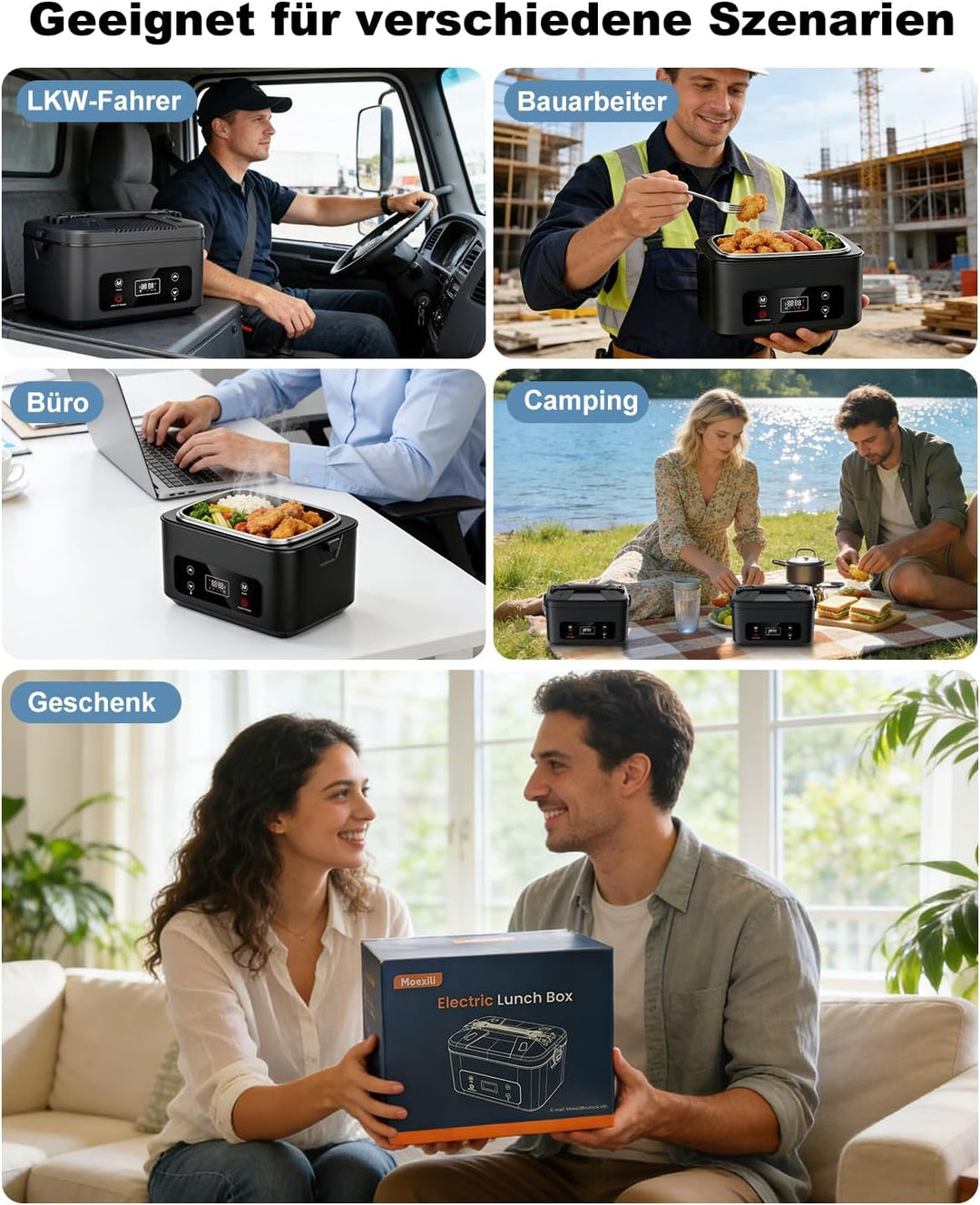 Elektrische Lunchbox, 100W Brotzeitbox Brotdose Gross 1.2L, Kabellos Tragbare Beheizbare Lunchbox El