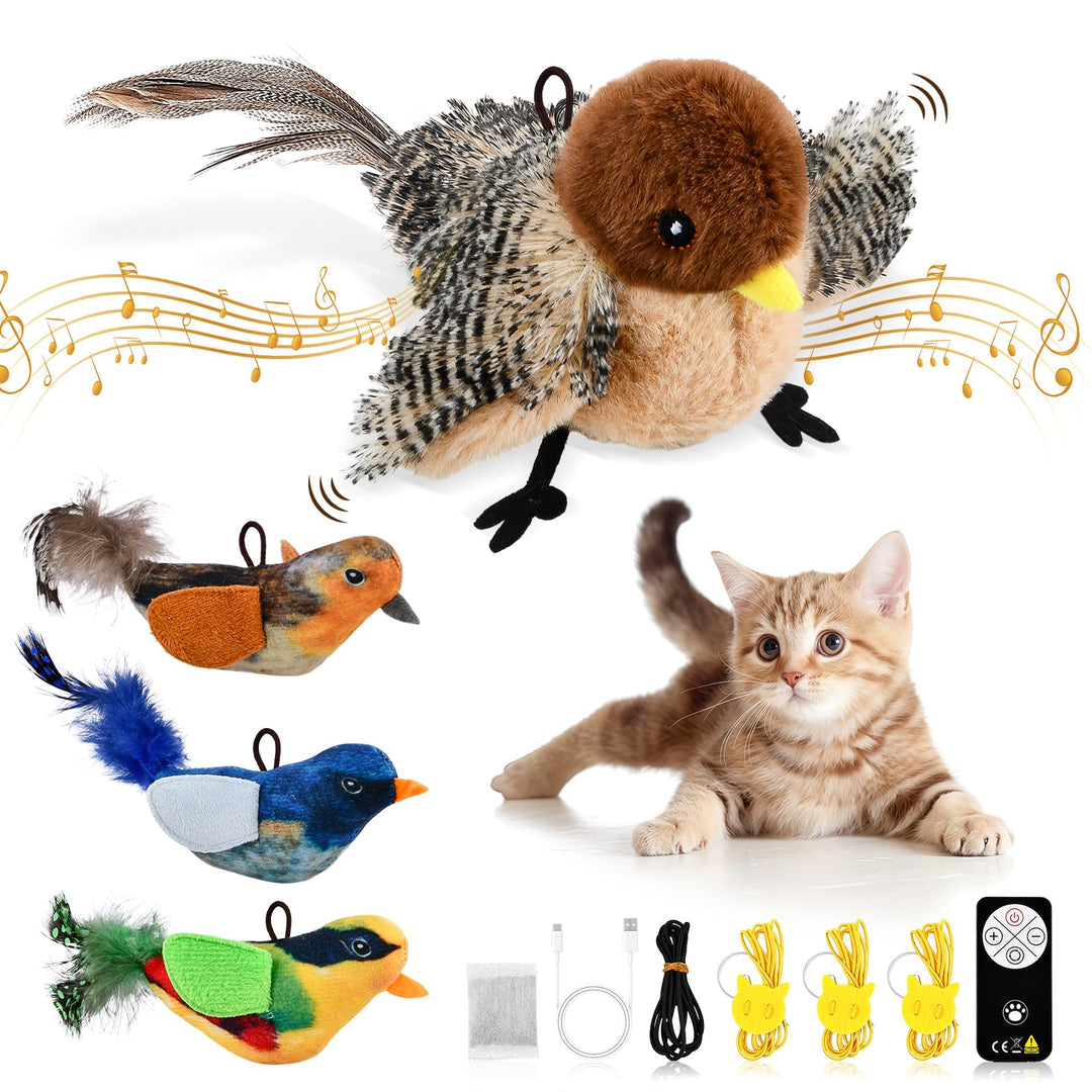4 St Interaktives Katzenspielzeug Fliegender Vogel, Aufladbares Vogel Spielzeug Katze mit 3 Klein Vo