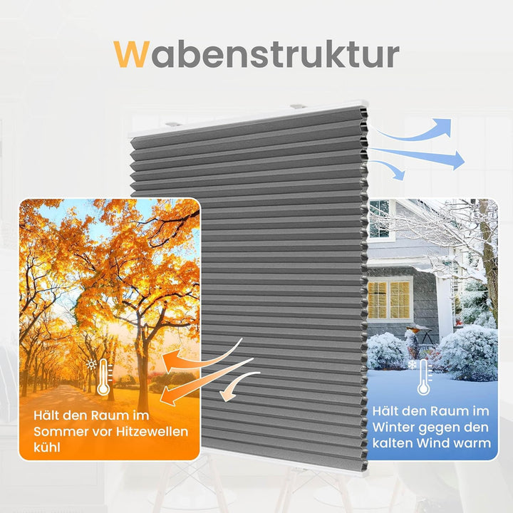 BelleMax Wabenplissee ohne Bohren verdunkelung Thermo plissee klemmfix, Grau-weiss 40x80cm 100% Blic