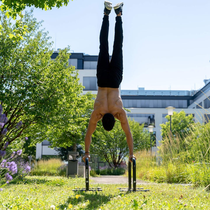 PULLUP & DIP Fitness Parallettes, Medium Minibarren aus Stahl, Handstand Barren mit extra breitem Gr