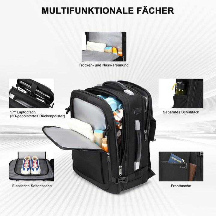 Vakuum Rucksack Handgepäck, 60L Erweiterbarer Reiserucksack mit Kompression & Luftpumpe, Airbag Ruck