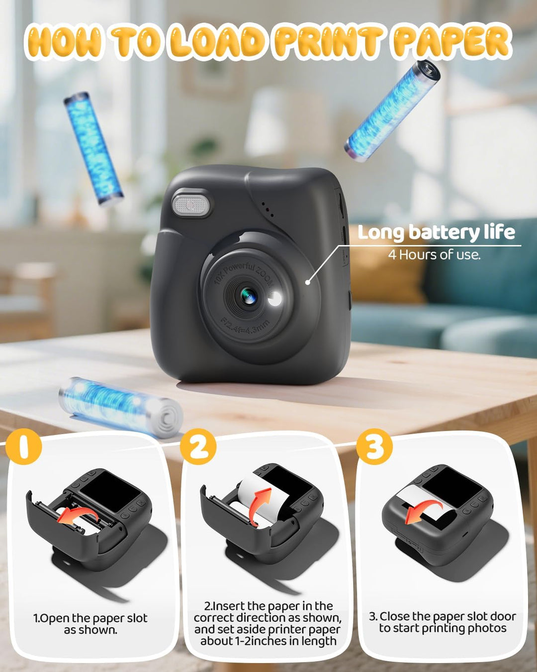 CAMCLID Kinderkamera Sofortbildkamera, 1080P Sofortbildkamera Kinder mit 32GB Karte & 3 Rollen Druck