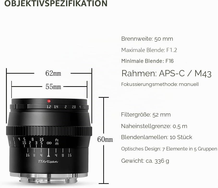TT Artisan 50mm F1.2 APS-C Objektiv Anschluss Sony E Mount Black Manueller Fokus optischer Aufbau 11