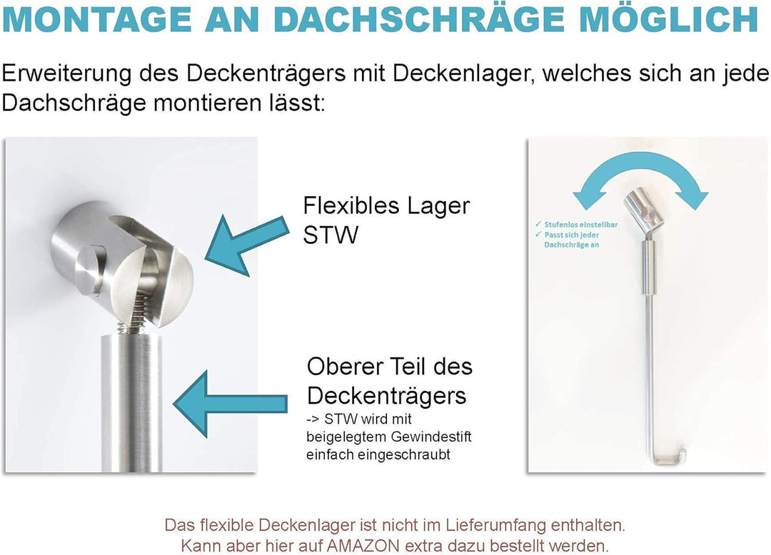 PHOS Edelstahl Design, DSE850, L-Form 85 x 85 cm, Duschvorhangstange, Deckenträger einkürzbar, echte