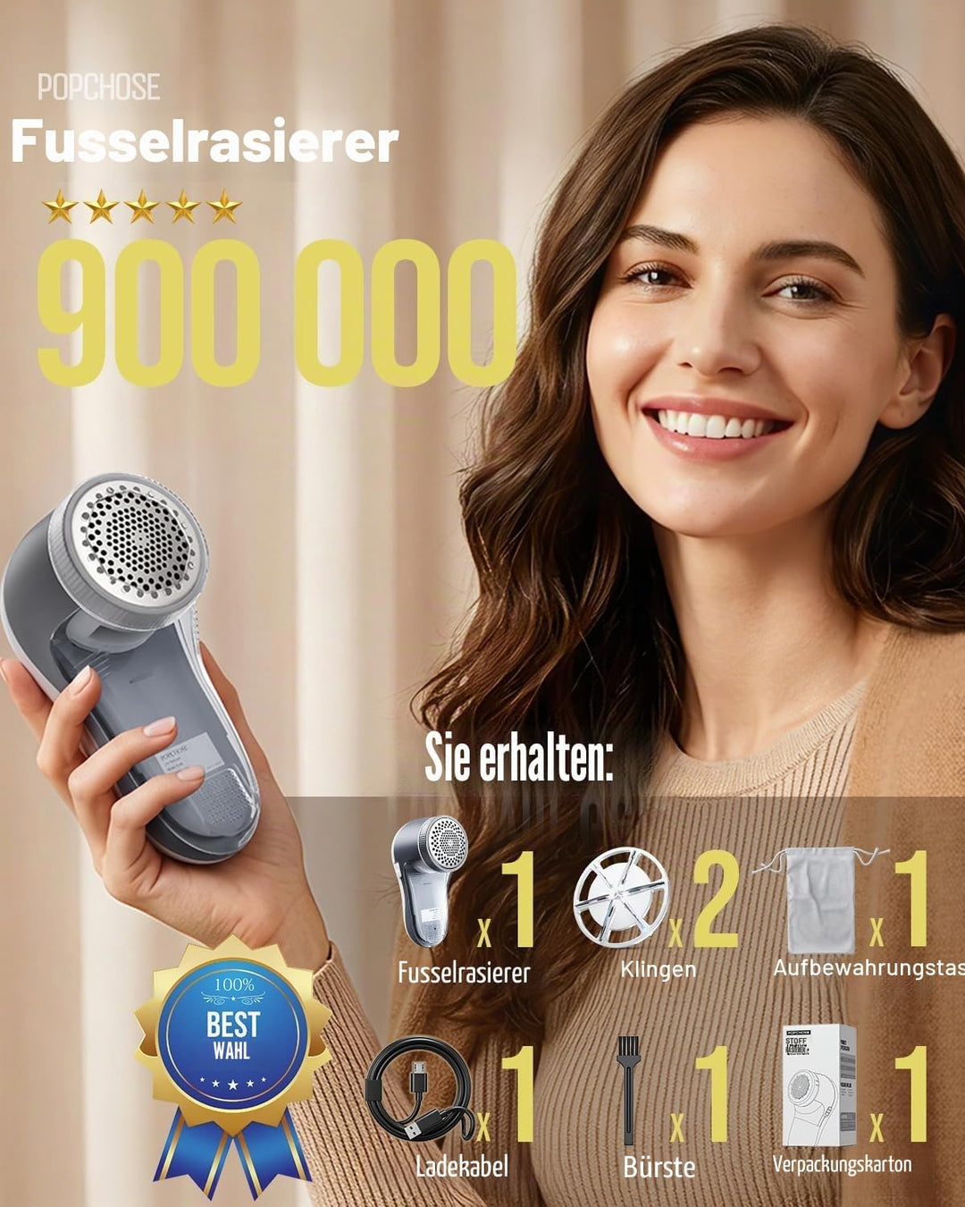 POPCHOSE Fusselrasierer, Tragbarer Aufladbar Elektrisch Fusselentferner, 6-Klingen Stoffrasierer, 3