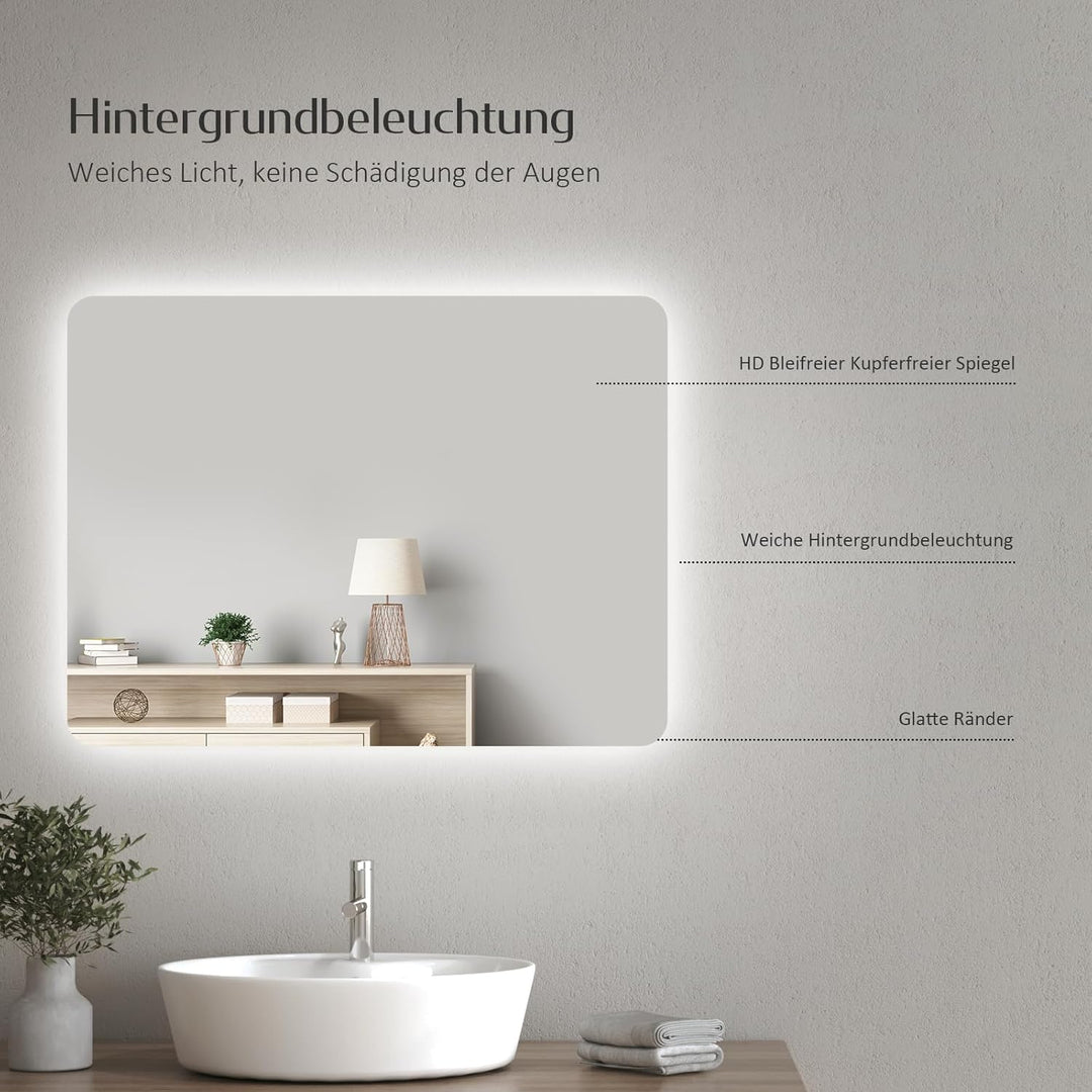 EMKE Badspiegel mit Beleuchtung 40x60cm, Badezimmerspiegel mit Beschlagfrei, 2 Lichtfarbe Warmweiss/
