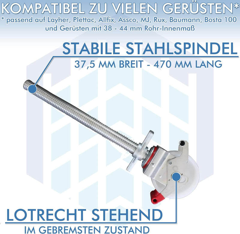 4 Stück Gerüstrollen 150 mm Nylon LAYHER*-kompatibel mit Stahlspindel, doppelt gebremst, lotrecht st