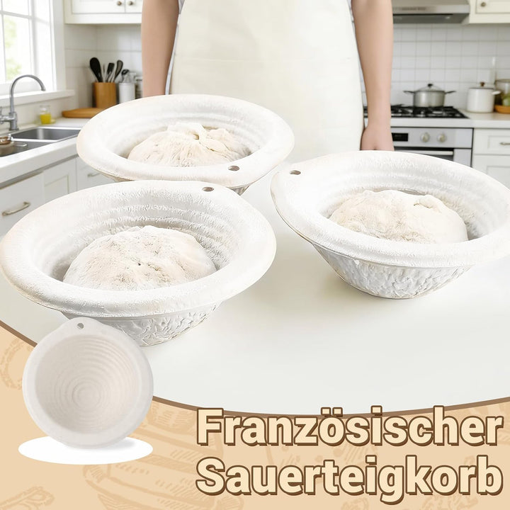 10er Set Runder Gärkorb Ø 15 x 6,5 cm aus Zellstoff | Mini Brotform mit 10 Leinentüchern | Backkorb