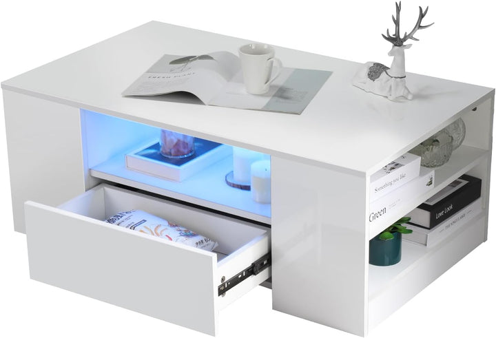 Couchtisch mit LED-Beleuchtung, Modern Sofatisch Wohnzimmertisch mit 2 Schublade, 100x55x37cm Weiss,