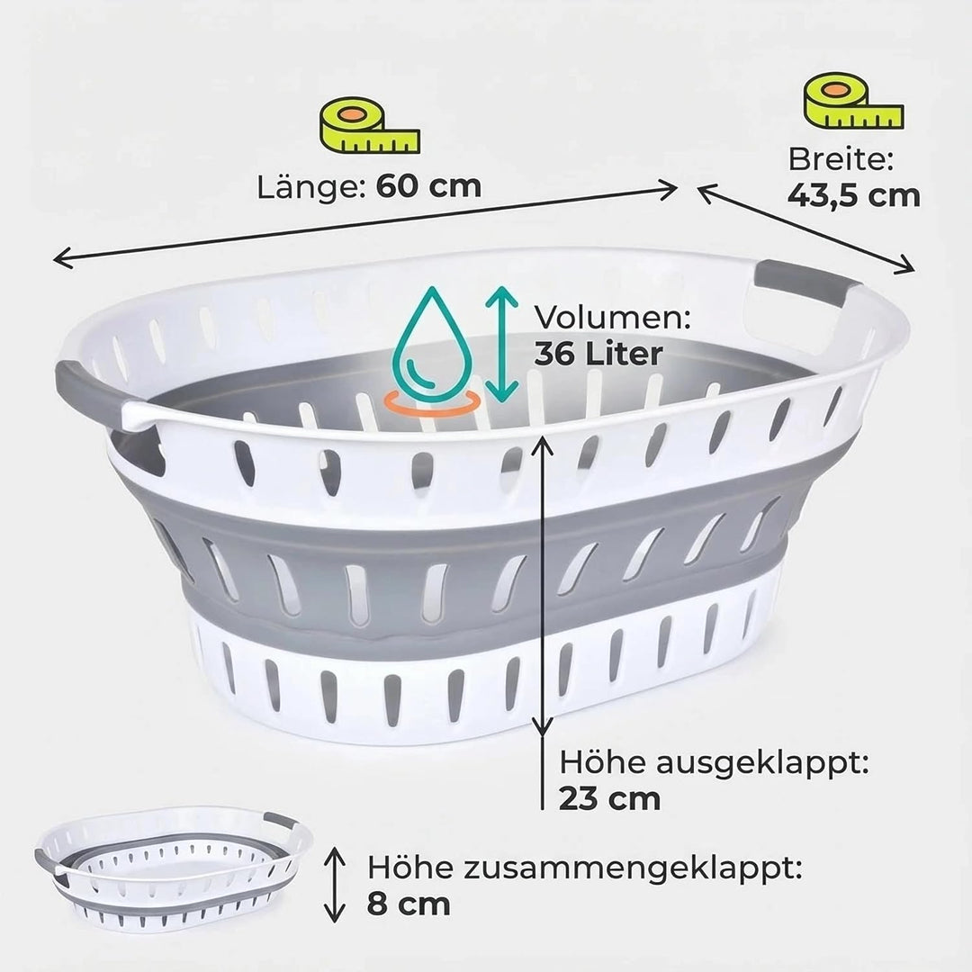 König Design Faltbarer Wäschekorb 36 Liter, robust, hochwertig, platzsparend, 60 x 43,5 x 23 cm, Gra