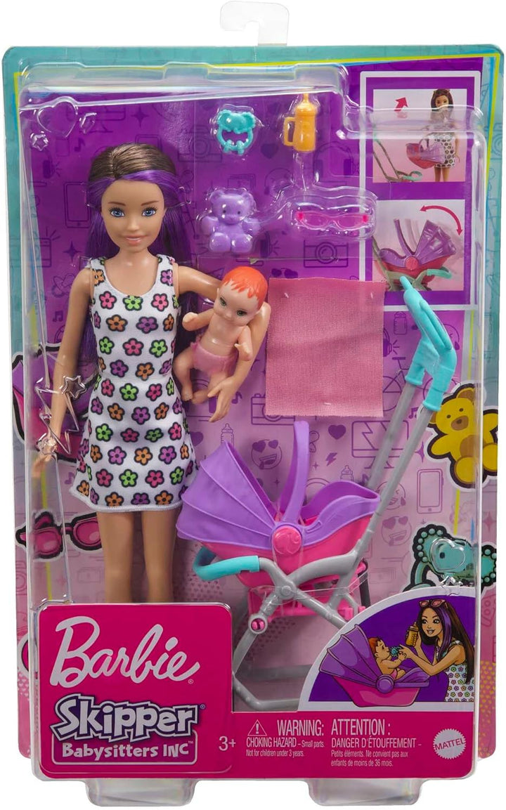 Barbie Skipper Babysitter Inc, Skipper mit braunen und lila Haaren, Baby, Kinderwagen, Babytrage, Zu