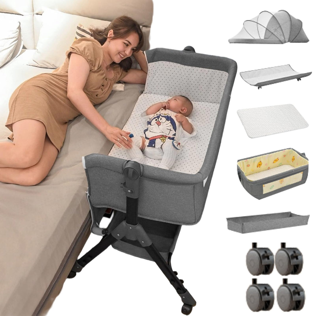 Next to me Krippe höhenverstellbar, tragbares Babybett, stabiles Babybett, 3-in-1, mit waschbarer Ma