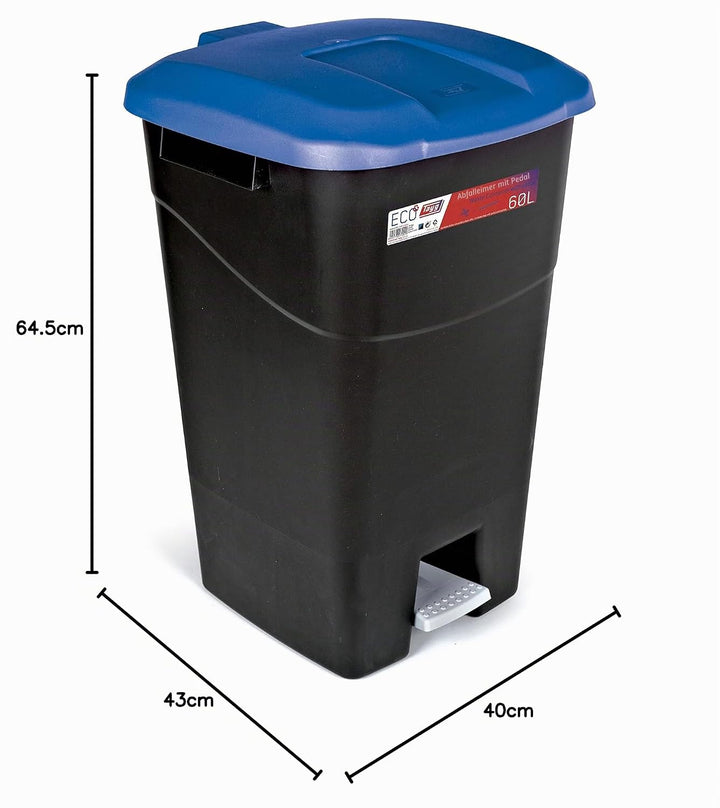 tayg - Abfallbehälter 60 Liter mit Pedal, schwarzer Basis und blauem Deckel
