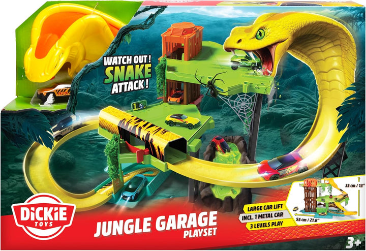 Dickie Toys - Auto-Rennbahn Jungle Garage (50x55x32 cm) inkl. Spielzeugauto aus Metall - Parkhaus au