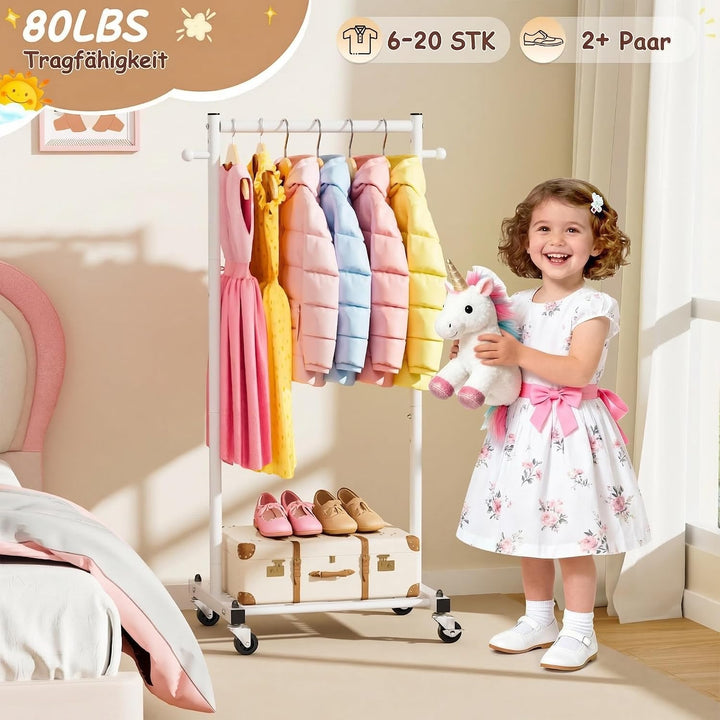 MISSLO Kinder Kleiderständer auf Rollen, 114cm Stabil Klein Kleiderstange mit Ablage, Metall Schmal