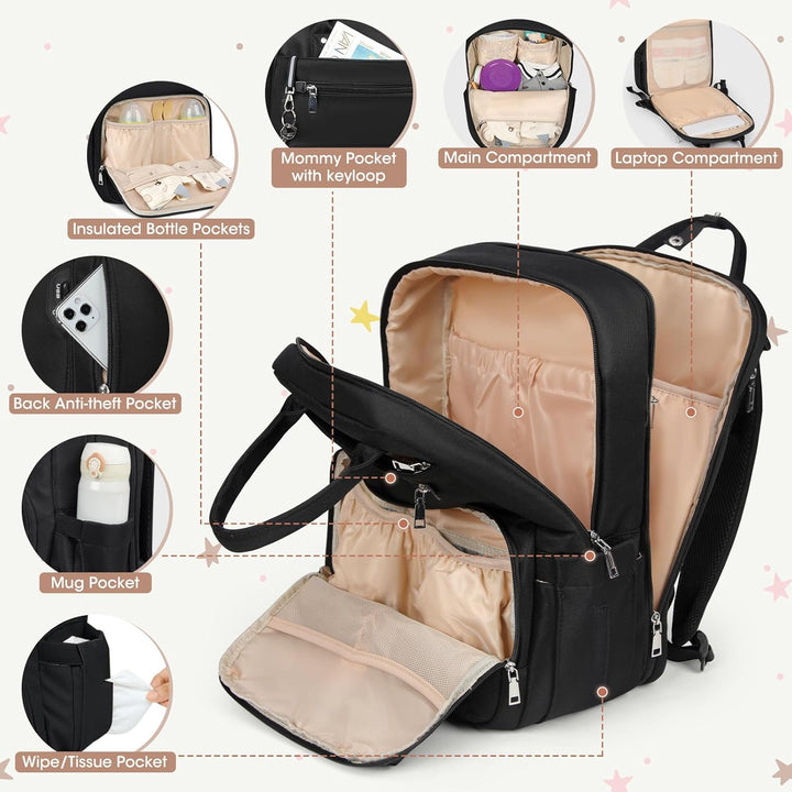 RAINSMORE Wickelrucksack Baby Wickeltasche Rucksack mit Wickelunterlage Unterwegs Gross Diaper Bag M