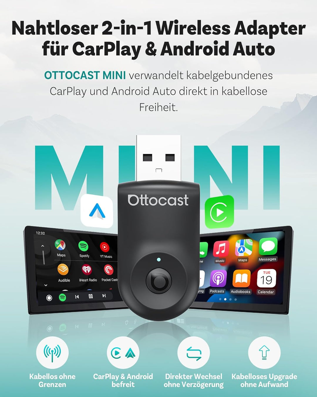 Neu 2025 Ottocast Mini Flow – Wireless CarPlay Adapter & Android Auto Adapter, 2-in-1 Dongle, Plug &