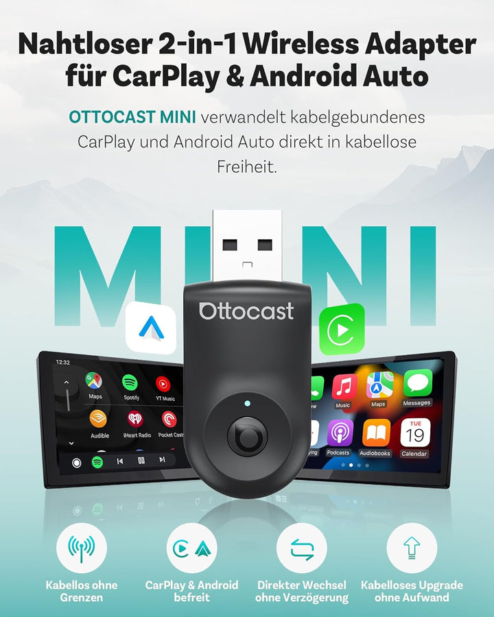 Neu 2025 Ottocast Mini Flow – Wireless CarPlay Adapter & Android Auto Adapter, 2-in-1 Dongle, Plug &