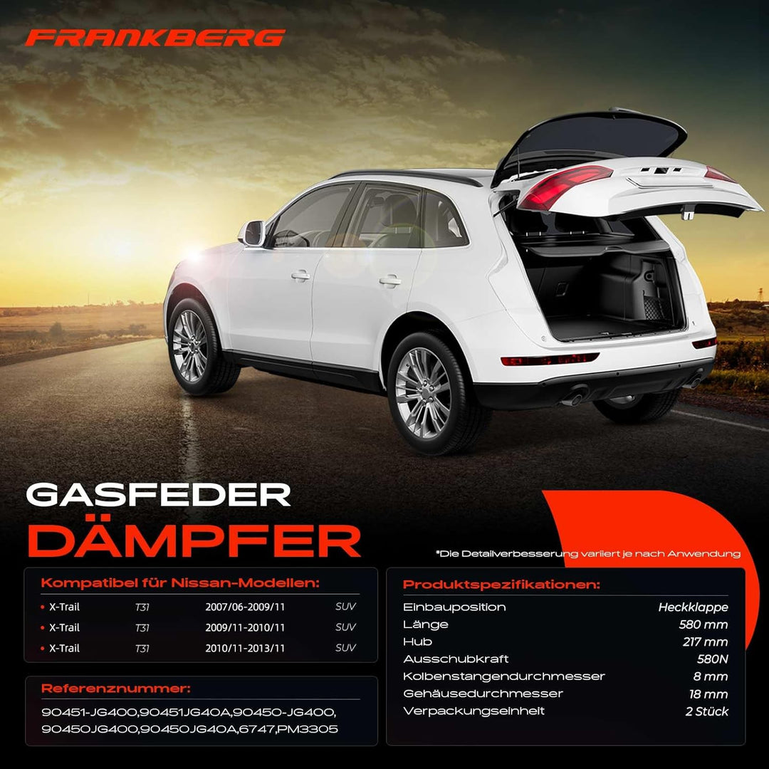 Frankberg 2x Gasfeder Dämpfer Heckklappe Kofferraum Kompatibel mit X-Trail T31 2.0L 2.5L SUV 2007-20