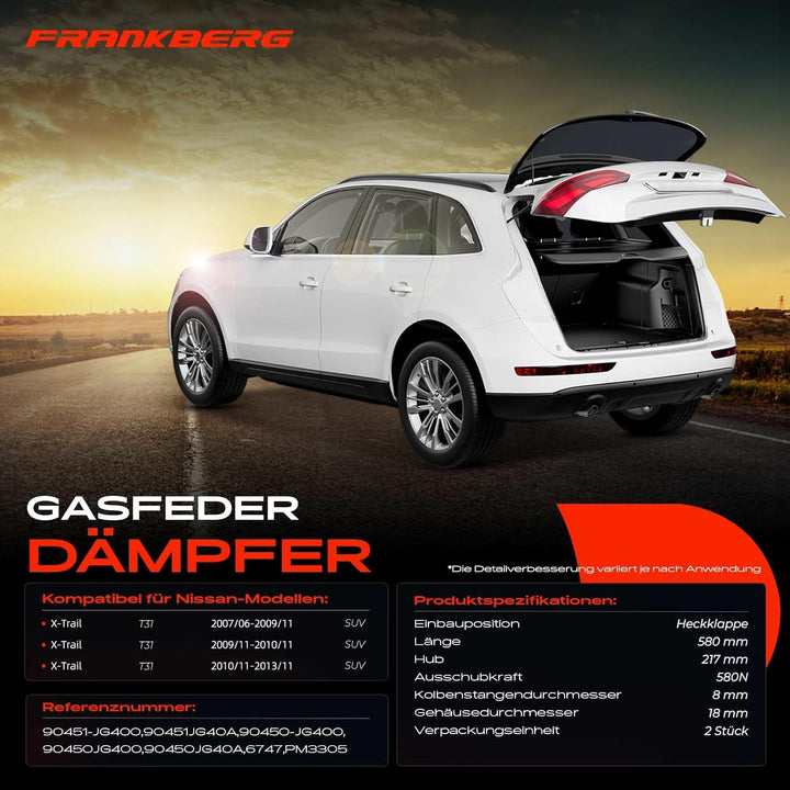 Frankberg 2x Gasfeder Dämpfer Heckklappe Kofferraum Kompatibel mit X-Trail T31 2.0L 2.5L SUV 2007-20