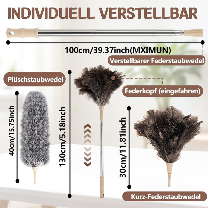Staubwedel Straussenfedern Teleskop bis 135cm Mit austauschbarem Federkopf