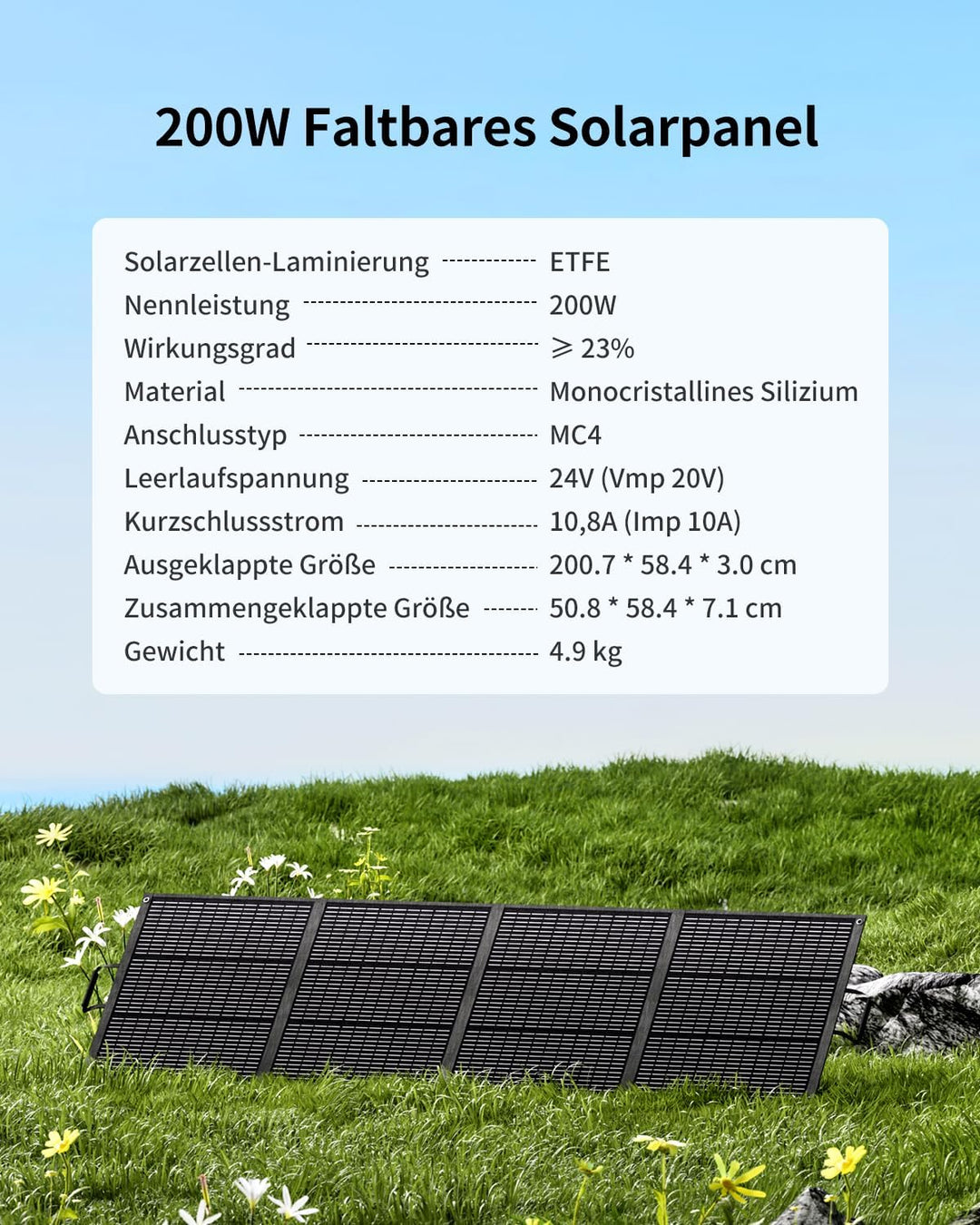 ABOK 200W Tragbares Solarpanel, Faltbares Solarmodul mit Kickstand, 23.5% Effizienz, IP68 Wasserdich
