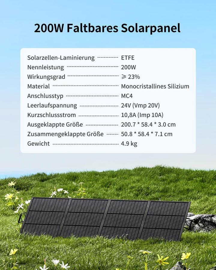 ABOK 200W Tragbares Solarpanel, Faltbares Solarmodul mit Kickstand, 23.5% Effizienz, IP68 Wasserdich