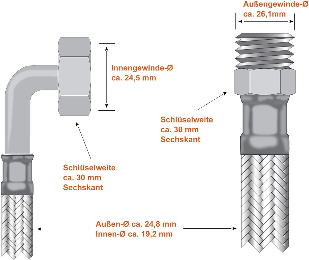 SFX® Panzerschlauch 50cm DN19-3/4 Zoll AG x 3/4 Zoll ÜM - 90 Grad Bogen - Trinkwasser Edelstahl Umfl