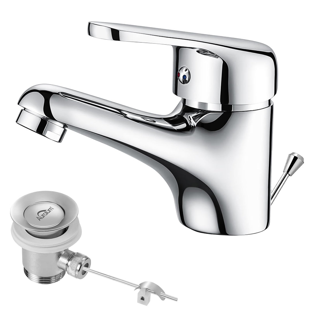 Auralum Wasserhahn Bad mit Zugstange, Einhebel-Waschtischarmatur mit Ablaufgarnitur, Chrom Einhandmi