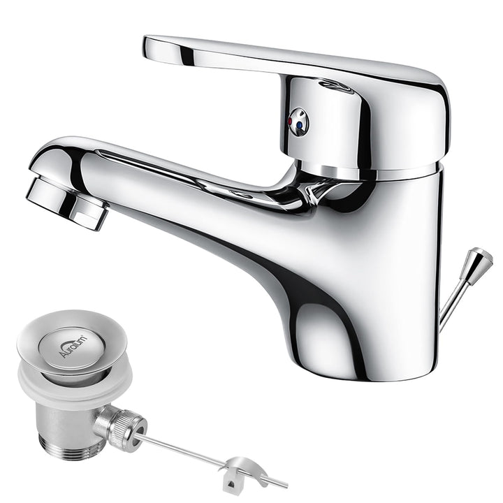 Auralum Wasserhahn Bad mit Zugstange, Einhebel-Waschtischarmatur mit Ablaufgarnitur, Chrom Einhandmi