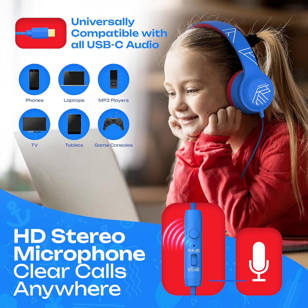 PowerLocus Kinder Kopfhörer mit Kabel, 85/94dB Sichere Lautstärke, mit USB-C Kabel, Hi-Fi Stereo, mi