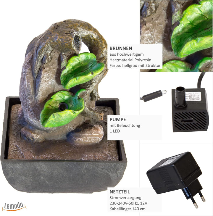 NATIV Zimmerbrunnen mit Blattschalen | Tischbrunnen mit LED Beleuchtung | dekorativer Zierbrunnen in