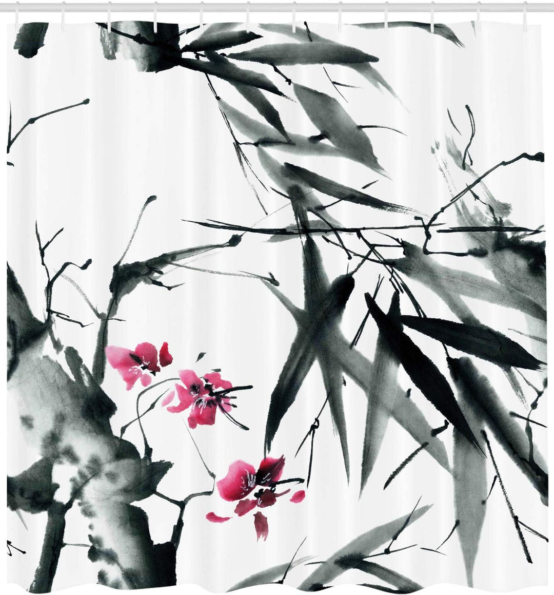 ABAKUHAUS Bambus Duschvorhang, Natural Spring Buds, Stoffliches Gewebe Badezimmerdekorationsset mit