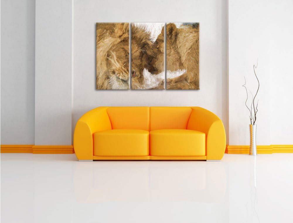 Pixxprint Kuschelnde Löwen Pinsel Effekt 3-Teiler Leinwandbild 120x80 Bild auf Leinwand