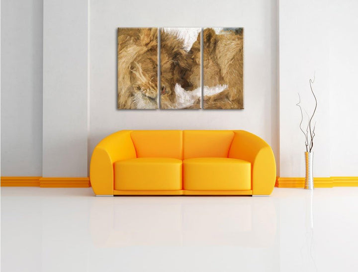 Pixxprint Kuschelnde Löwen Pinsel Effekt 3-Teiler Leinwandbild 120x80 Bild auf Leinwand