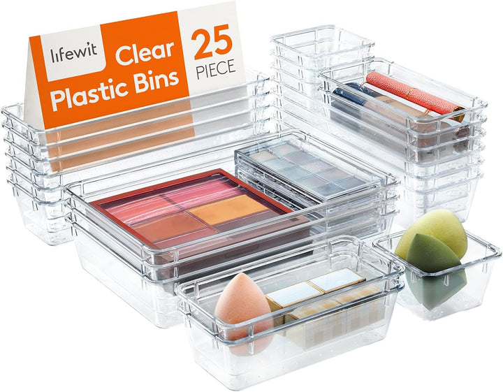 Lifewit 25 Stücke Schubladen Organizer aus klarem Kunststoff, Schreibtisch Schubladenteiler, Tablett
