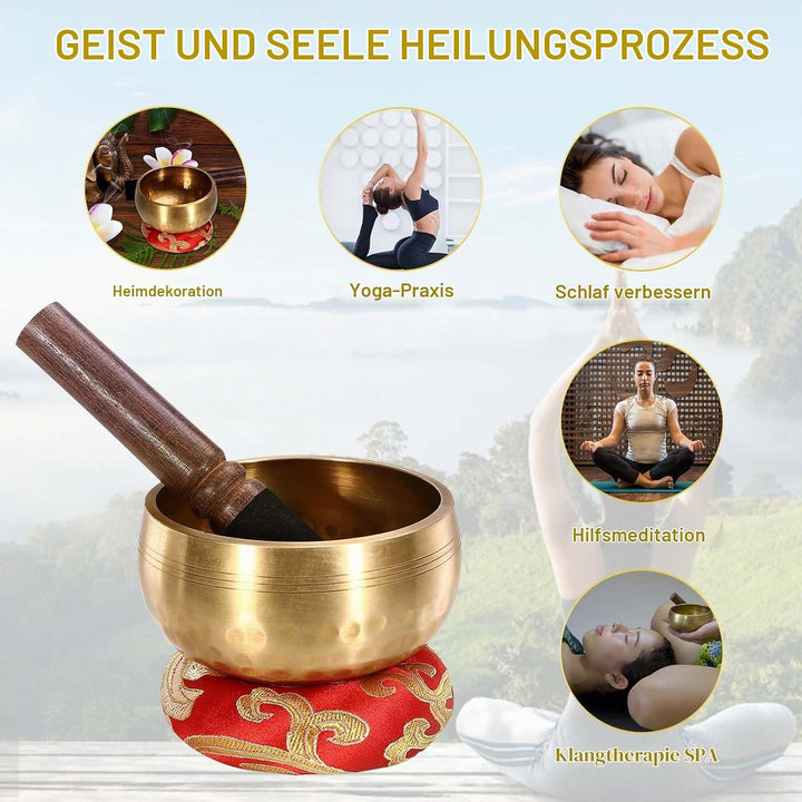 Tibetische Klangschale Klein，8CM Klangschalen Set mit Klöppel, Klangschalenkissen und Geschenk-Box,