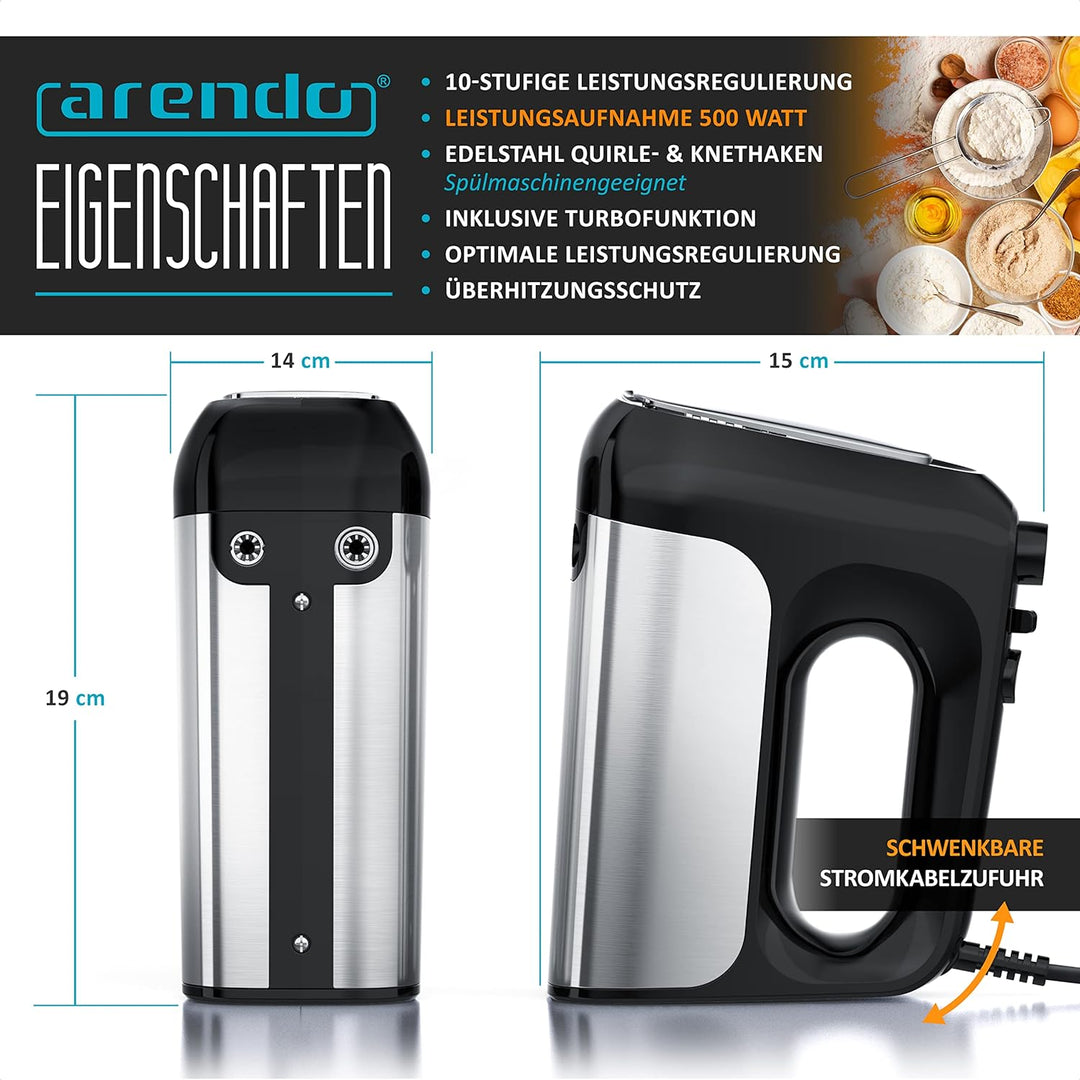 Arendo - Elektrischer Handmixer Handrührer 500 W - inkl. 2 Rührbesen und 2 Knethaken aus Edelstahl –