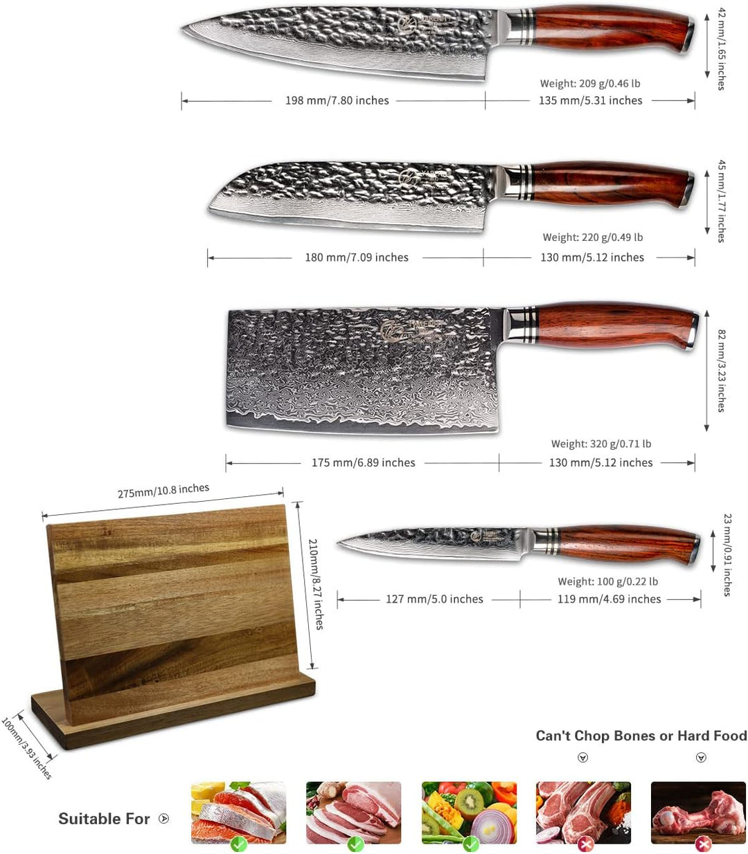 YARENH Damastmesser Set 5 er, Scharfe Messer aus 73 Lagen Damaststahl Klinge und Holzgriff, Messer S