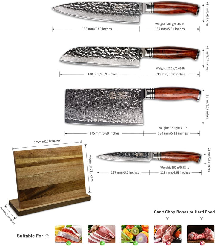 YARENH Damastmesser Set 5 er, Scharfe Messer aus 73 Lagen Damaststahl Klinge und Holzgriff, Messer S